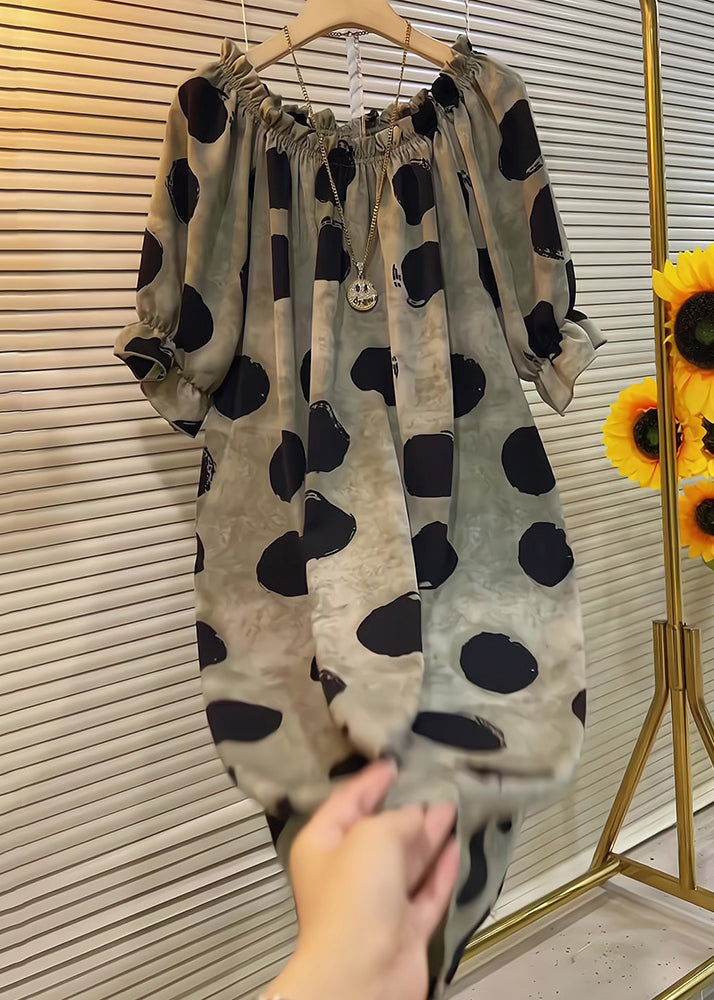 French Khaki Ruffled Dot Cotton Dress Butterfly Sleeve