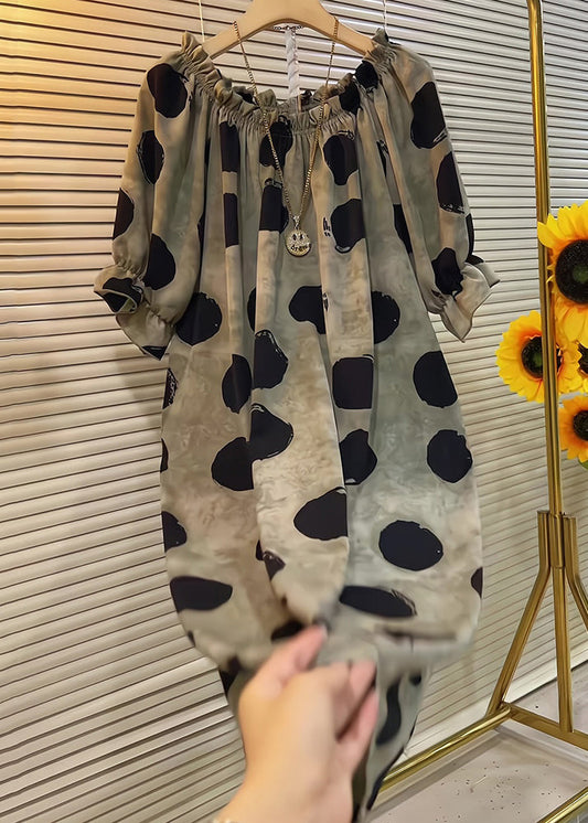 French Khaki Ruffled Dot Cotton Dress Butterfly Sleeve