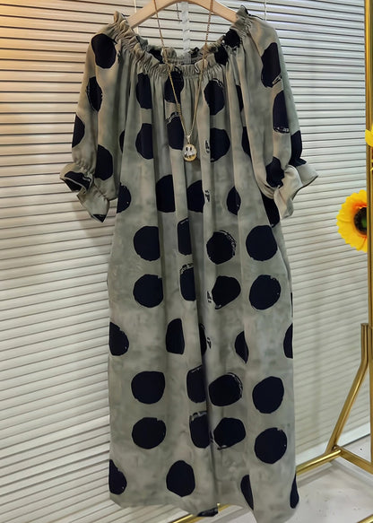 French Khaki Ruffled Dot Cotton Dress Butterfly Sleeve
