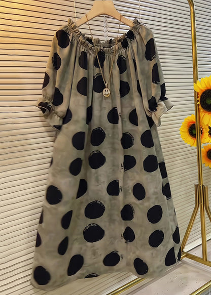 French Khaki Ruffled Dot Cotton Dress Butterfly Sleeve