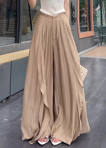 French Khaki Ruffled Patchwork Cotton Wide Leg Pants Summer