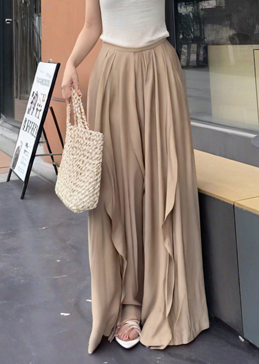 French Khaki Ruffled Patchwork Cotton Wide Leg Pants Summer