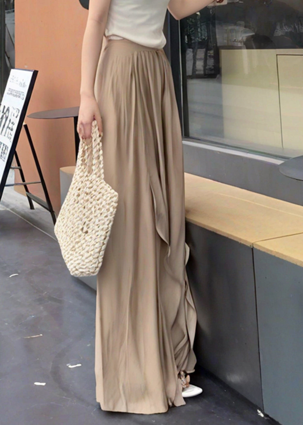 French Khaki Ruffled Patchwork Cotton Wide Leg Pants Summer