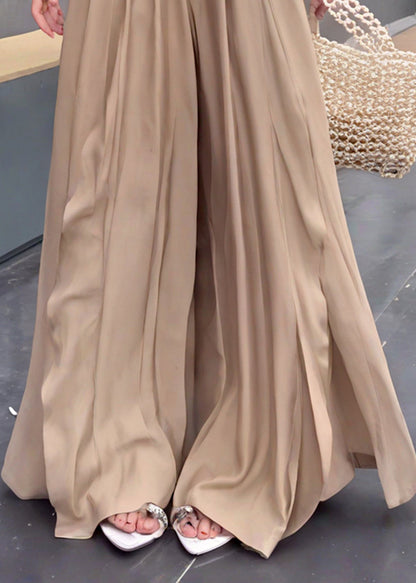 French Khaki Ruffled Patchwork Cotton Wide Leg Pants Summer