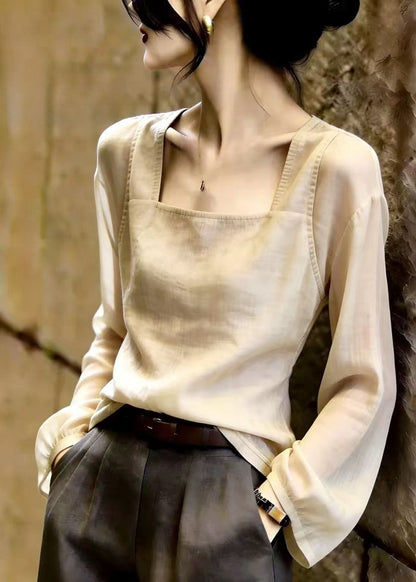 French Khaki Square Collar Patchwork Tops Fall
