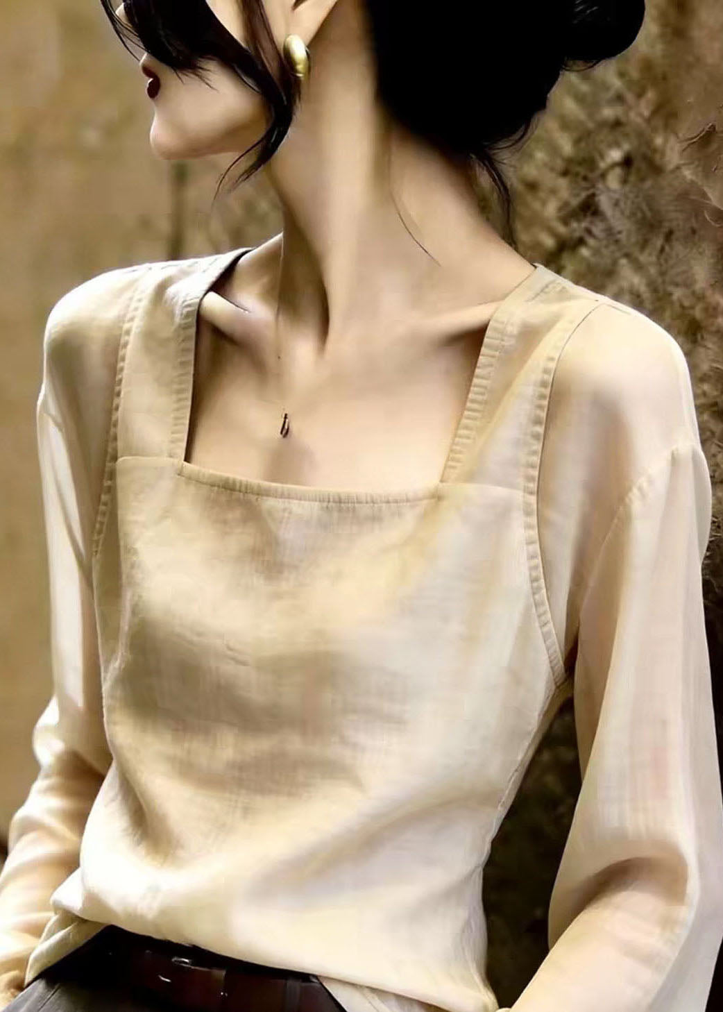 French Khaki Square Collar Patchwork Tops Fall
