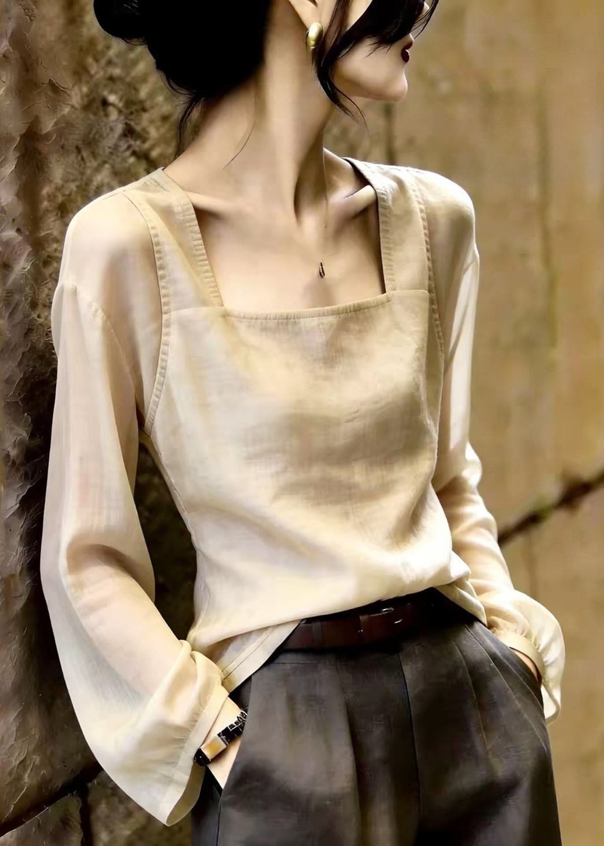 French Khaki Square Collar Patchwork Tops Fall