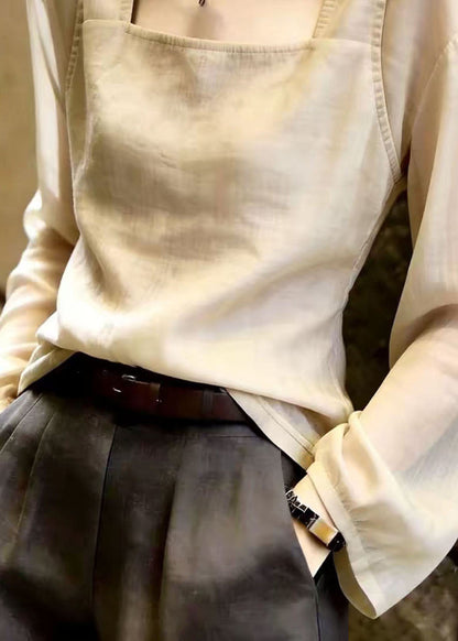 French Khaki Square Collar Patchwork Tops Fall