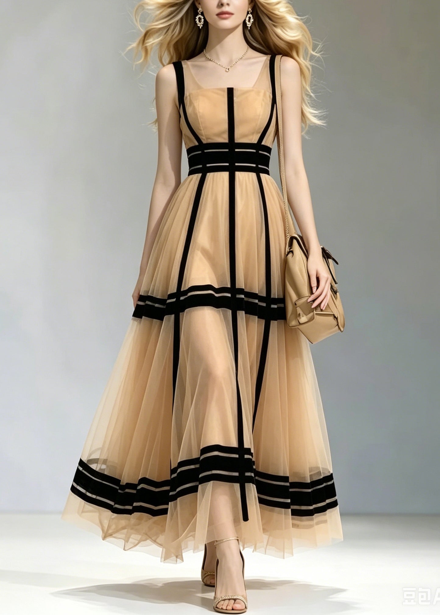 French Khaki Square Collar Patchwork Tulle Maxi Dress Summer