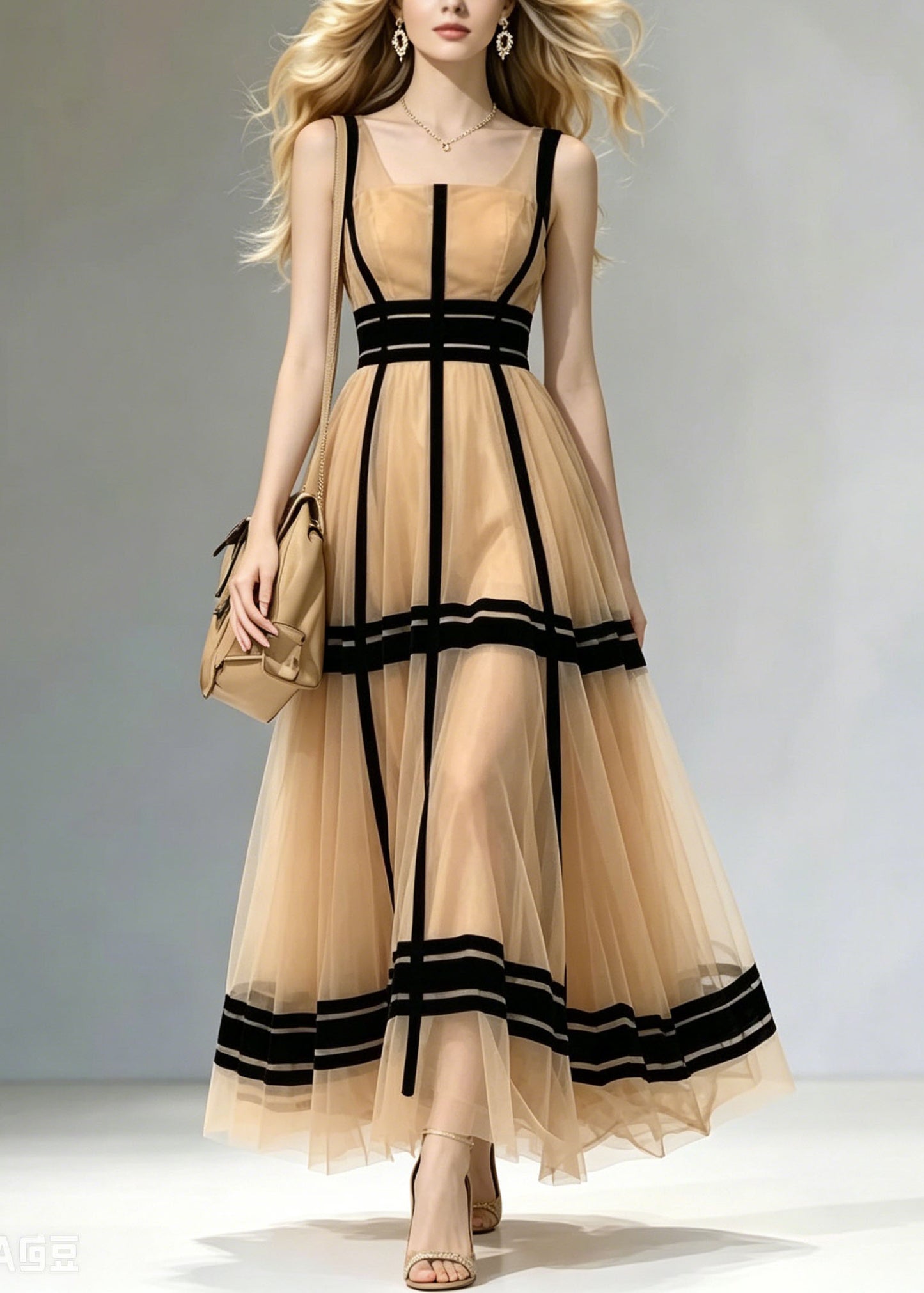 French Khaki Square Collar Patchwork Tulle Maxi Dress Summer