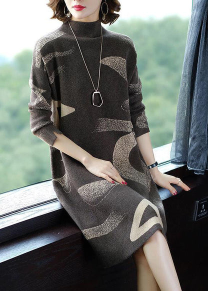 French Khaki Stand Collar Oversized Print Cashmere Sweater Dress Long Sleeve