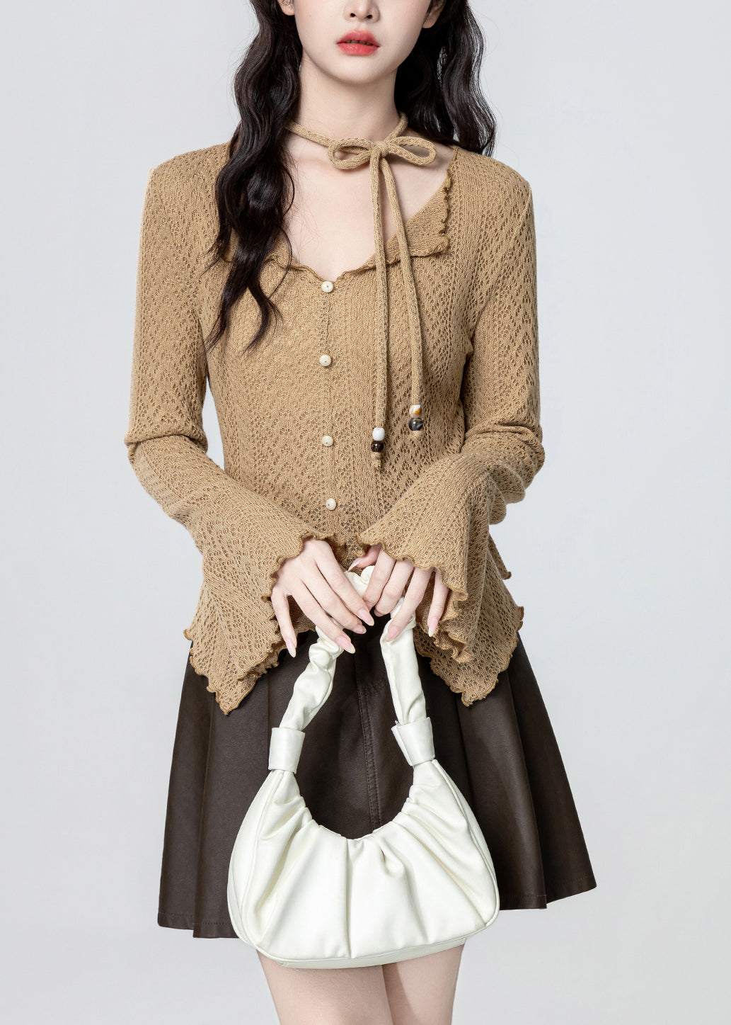 French Khaki V Neck Asymmetrical Design Knit Top Spring