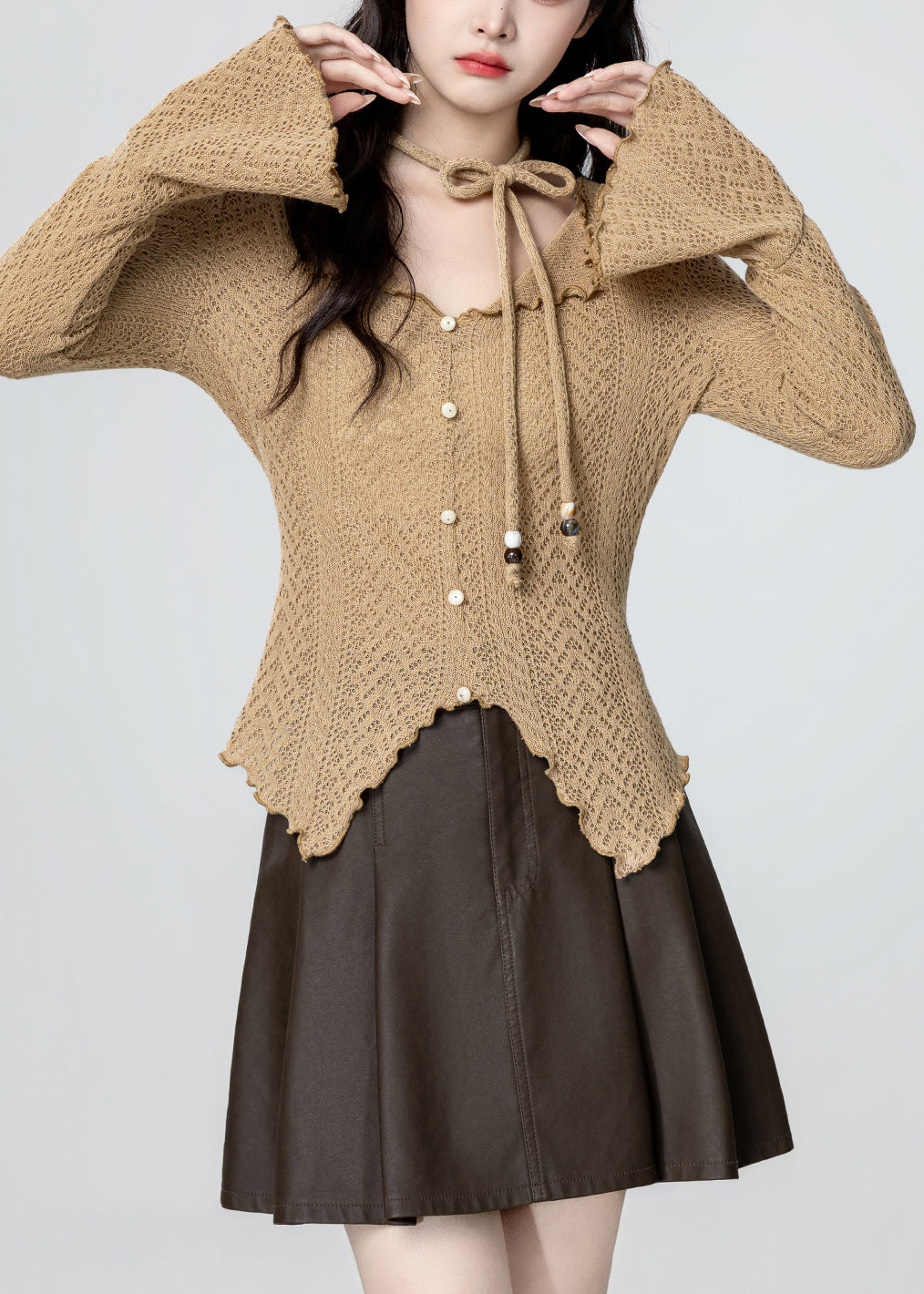 French Khaki V Neck Asymmetrical Design Knit Top Spring