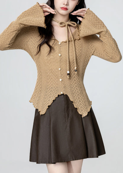 French Khaki V Neck Asymmetrical Design Knit Top Spring