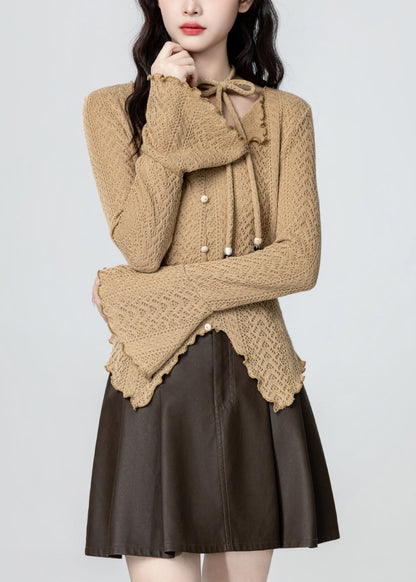 French Khaki V Neck Asymmetrical Design Knit Top Spring