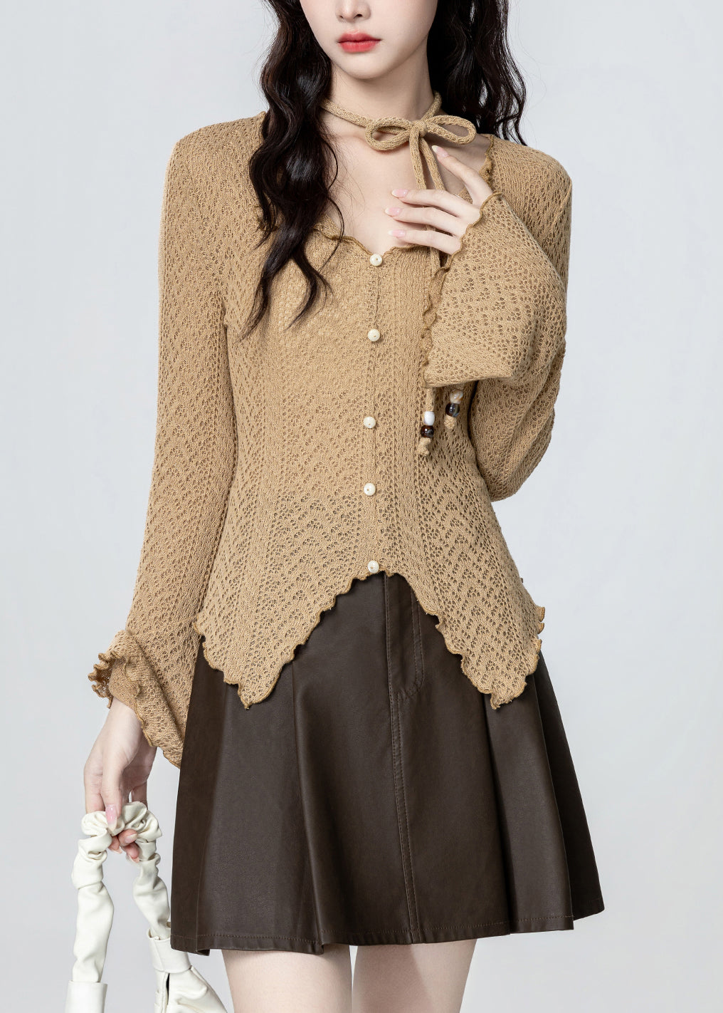 French Khaki V Neck Asymmetrical Design Knit Top Spring