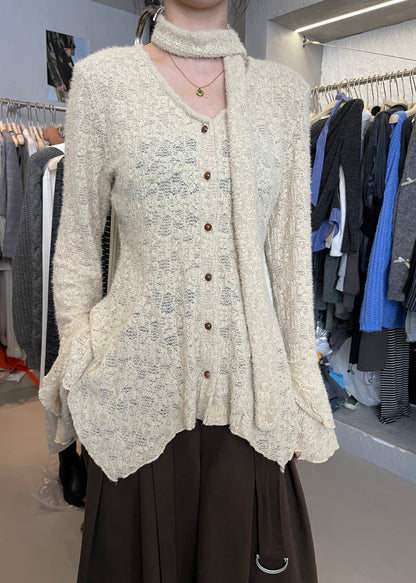 French Khaki V Neck Ruffled Button Knit Tops Spring