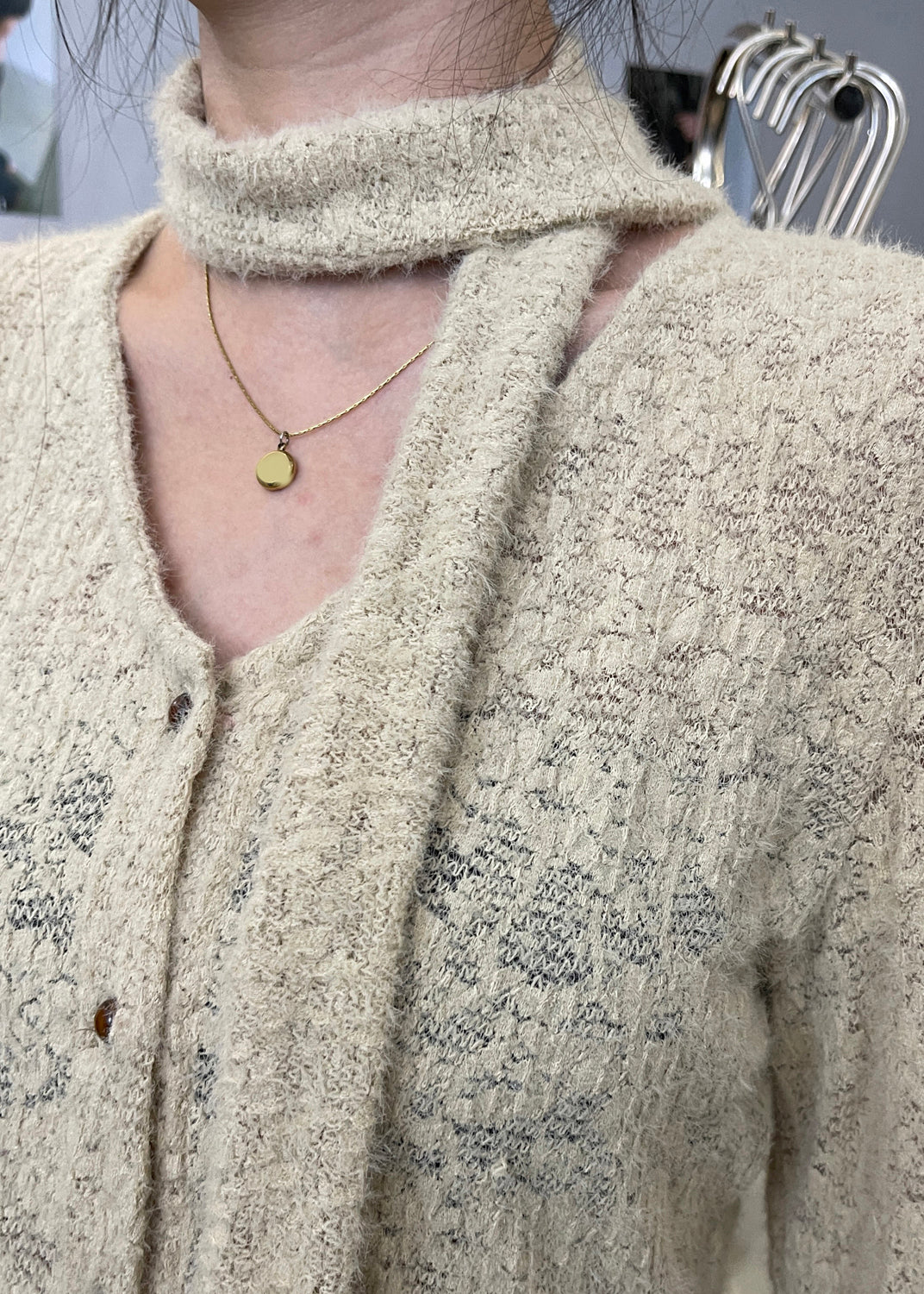 French Khaki V Neck Ruffled Button Knit Tops Spring