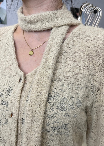 French Khaki V Neck Ruffled Button Knit Tops Spring