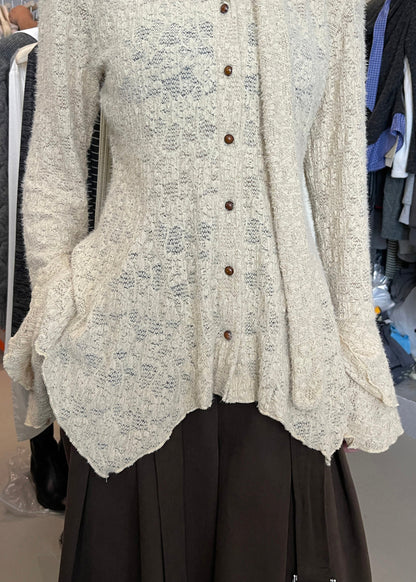 French Khaki V Neck Ruffled Button Knit Tops Spring