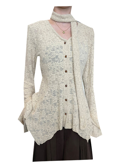 French Khaki V Neck Ruffled Button Knit Tops Spring