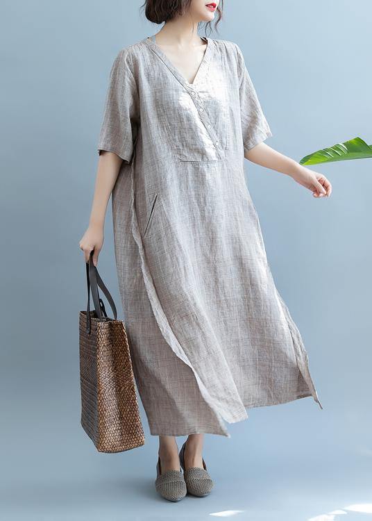 French Khaki linen Dress V Neck  Robe Summer  Dresses - SooLinen
