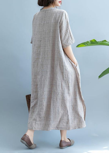 French Khaki linen Dress V Neck  Robe Summer  Dresses - SooLinen