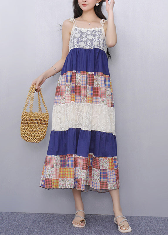 French Lace Patchwork Long Spaghetti Strap Dress Summer