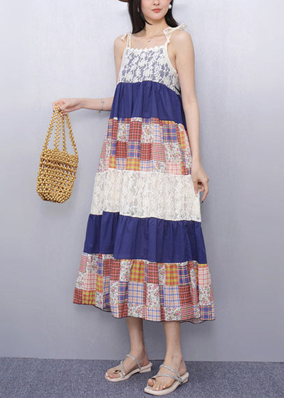 French Lace Patchwork Long Spaghetti Strap Dress Summer