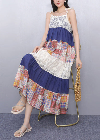 French Lace Patchwork Long Spaghetti Strap Dress Summer