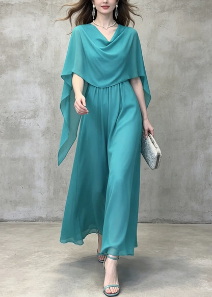 French Lake Blue Patchwork Chiffon Long Dress Summer