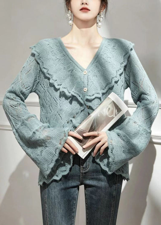 French Lake Blue V Neck Ruffled Knit Cardigan Flare Sleeve