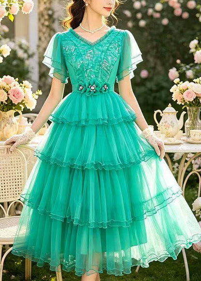 French Lake Green V Neck Exra Large Hem Lace Party Dress Summer