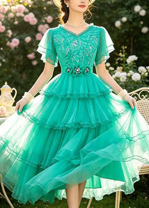 French Lake Green V Neck Exra Large Hem Lace Party Dress Summer