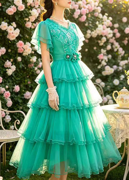 French Lake Green V Neck Exra Large Hem Lace Party Dress Summer