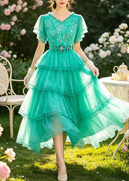 French Lake Green V Neck Exra Large Hem Lace Party Dress Summer