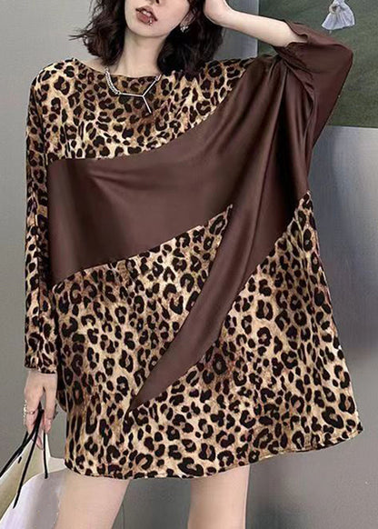 French Leopard O Neck Print Patchwork Cotton Mid Dress Batwing Sleeve