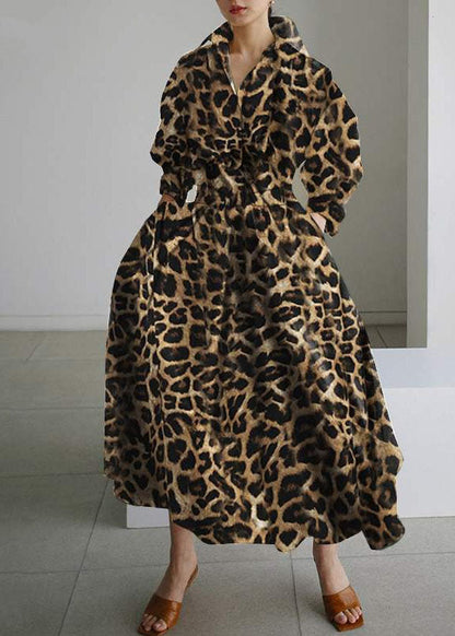 French Leopard Print Exra Large Hem Cotton Holiday Dresses Spring