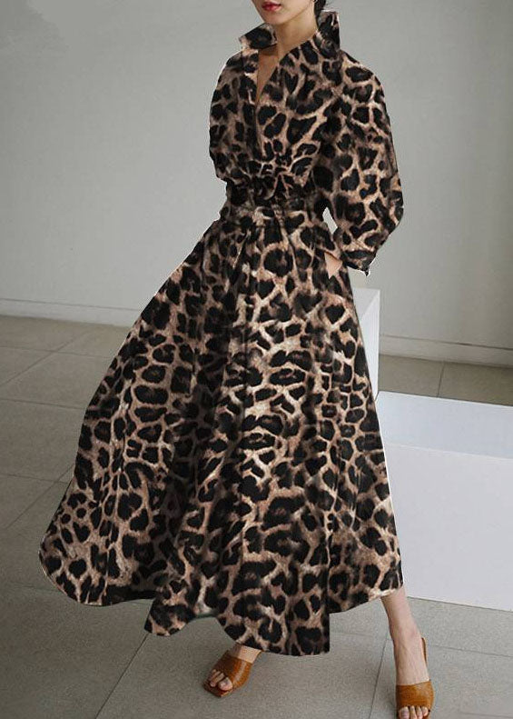 French Leopard Print Exra Large Hem Cotton Holiday Dresses Spring
