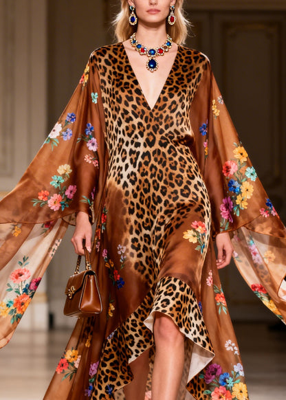 French Leopard Print V Neck Asymmetrical Design Patchwork Chiffon Dress Summer