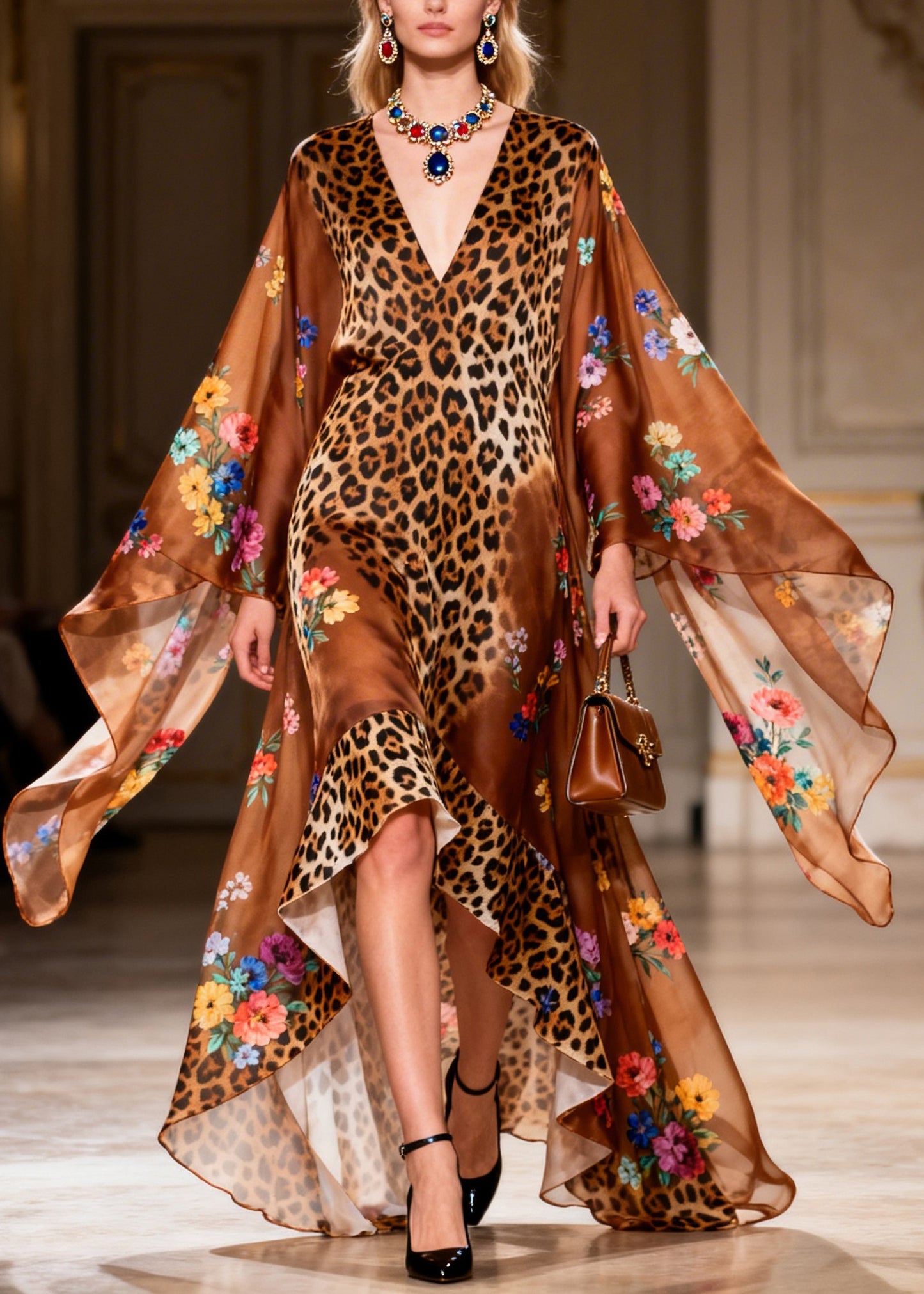 French Leopard Print V Neck Asymmetrical Design Patchwork Chiffon Dress Summer