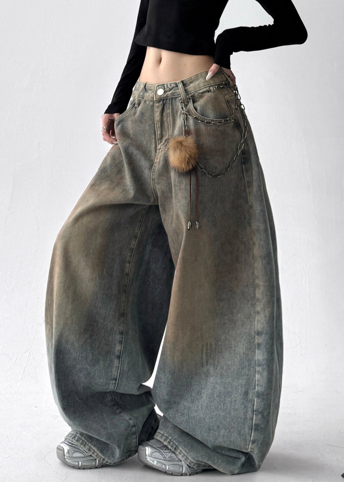 French Light Blue Oversized Denim Wide Leg Pants Spring