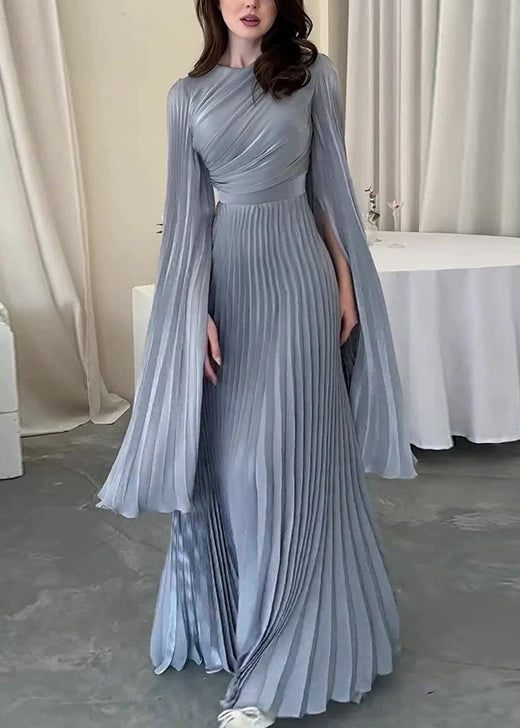 French Light Blue Wrinkled High Waist Cotton Party Dress Spring