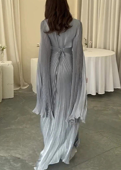 French Light Blue Wrinkled High Waist Cotton Party Dress Spring