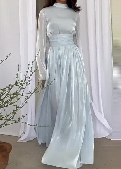 French Light Blue Wrinkled Patchwork Silk Long Dresses Spring