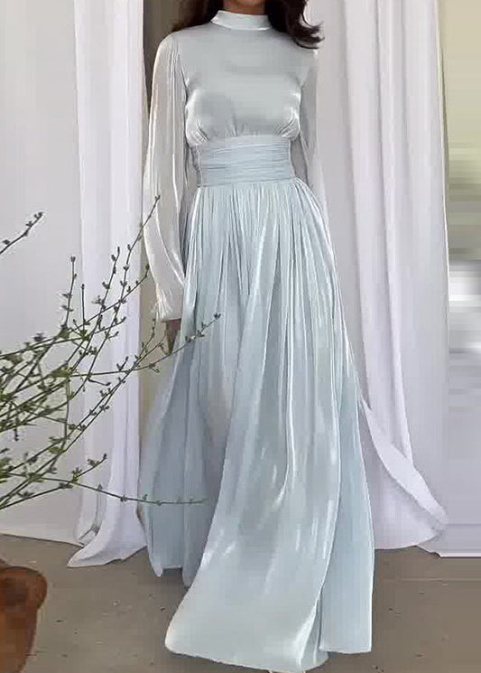 French Light Blue Wrinkled Patchwork Silk Long Dresses Spring
