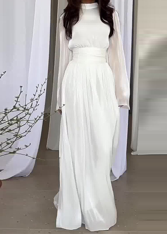 French Light Blue Wrinkled Patchwork Silk Long Dresses Spring