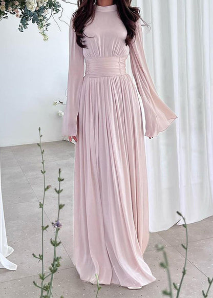 French Light Blue Wrinkled Patchwork Silk Long Dresses Spring