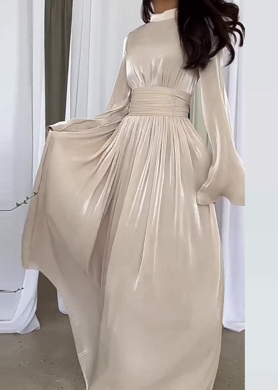 French Light Blue Wrinkled Patchwork Silk Long Dresses Spring