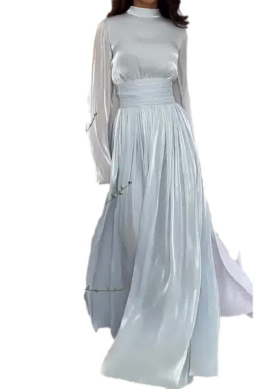 French Light Blue Wrinkled Patchwork Silk Long Dresses Spring